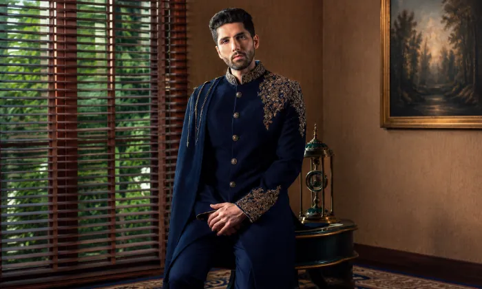 Blue Chanderi Textured Bandhgala For Men